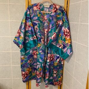 Soft Sensations Womens 3X Teal Floral Satin Kimono Robe Lightweight USA Teal‎